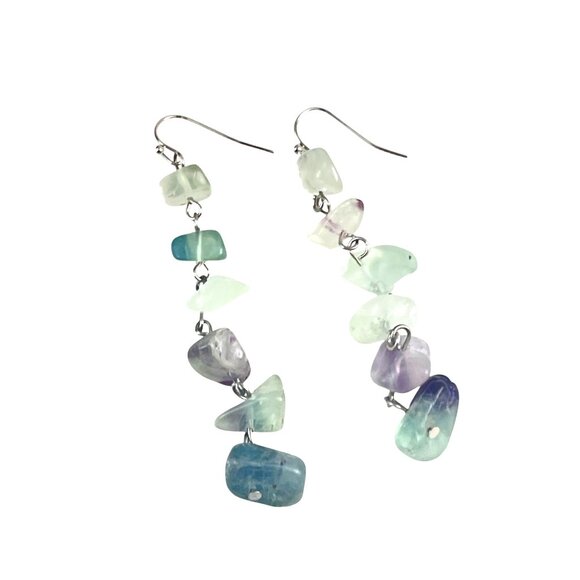 Natural Fluorite Gemstone Dangle Earrings With Silver Hook Boho Artisan Beachy - Picture 2 of 6
